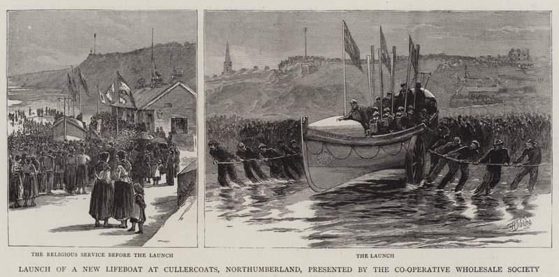 Lansering av en ny livbåt på Cullercoats, Northumberland, presentert av Co-Operative Wholesale Society av Robert Jobling