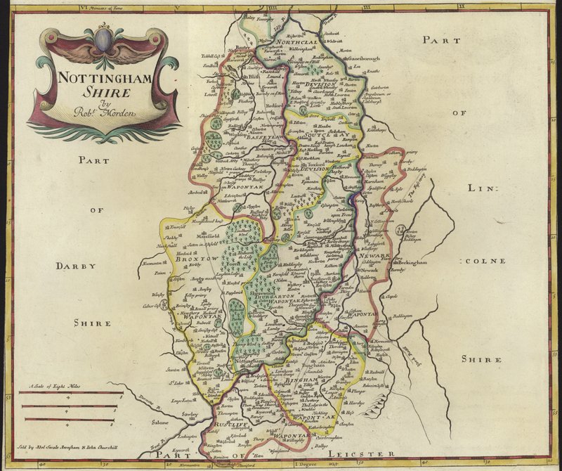Kart over Nottinghamshire (fargegravering) av Robert Morden