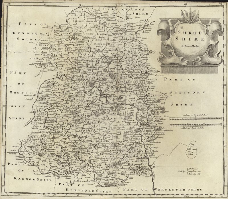 Kart over Shropshire (fargegravering) av Robert Morden