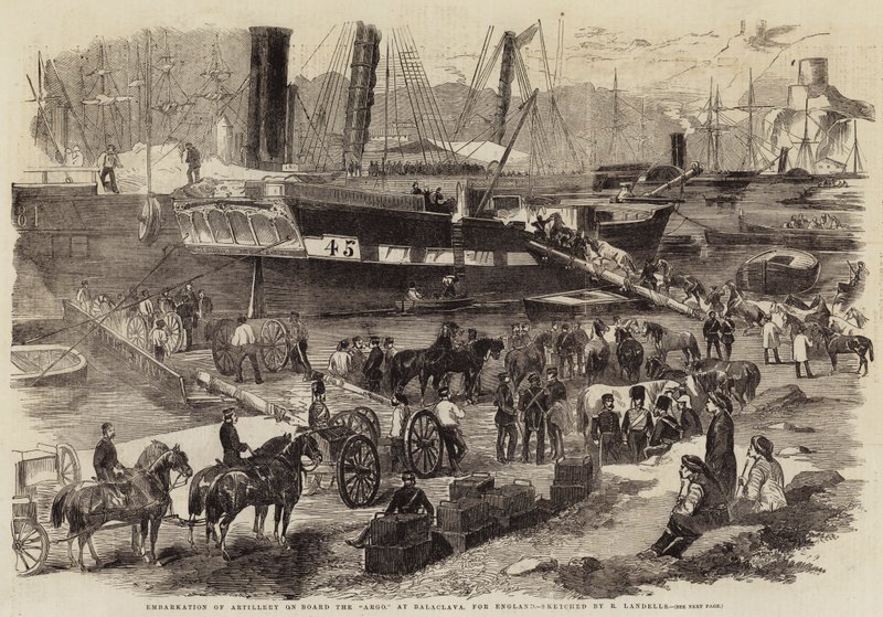 Ombordstigning av artilleri om bord på Argo, ved Balaclava, for England av Robert Thomas Landells