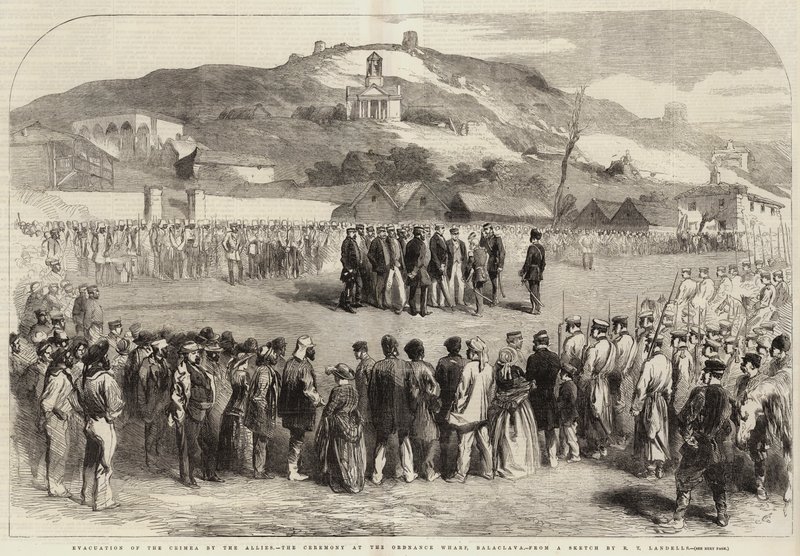 Evakuering av Krim av de allierte, seremonien ved Ordnance Wharf, Balaclava av Robert Thomas Landells