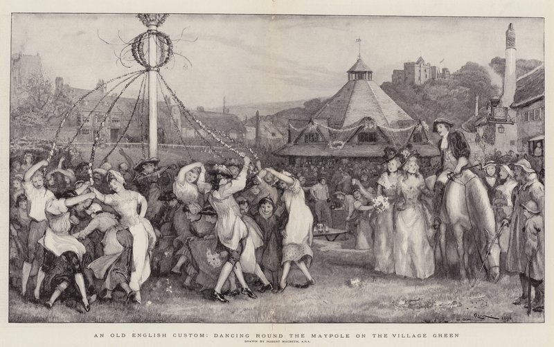 En gammel engelsk skikk, danser rundt Maypole på Village Green av Robert Walker Macbeth