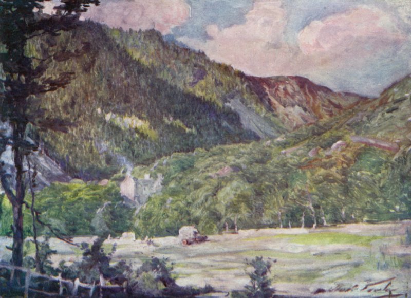 En Hayfield nær Portmadoc (farge litho) av Robert (after) Fowler