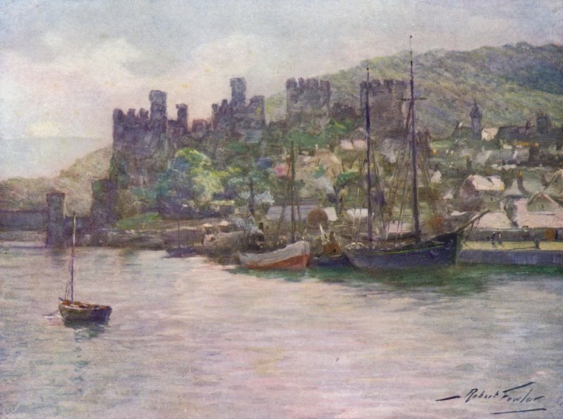 Conway Castle and Quay, Noon (farge litho) av Robert (after) Fowler