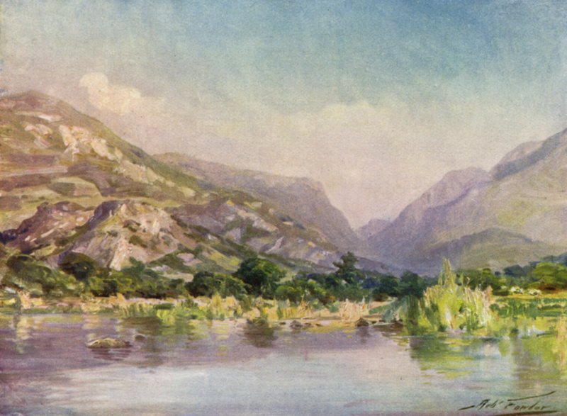 On the River Seiont, Carnarvonshire, Evening Glow (farge litho) av Robert (after) Fowler