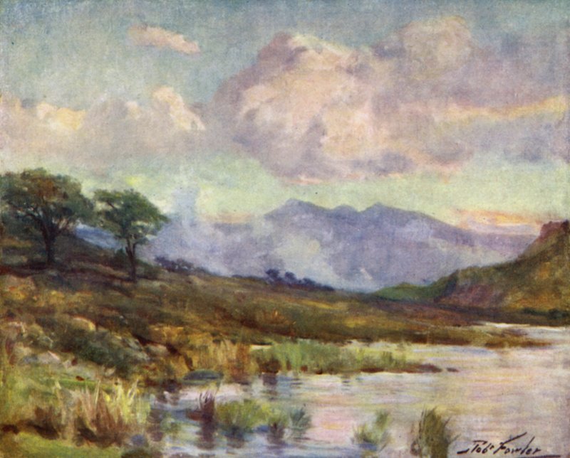 Snowdon fra Capel Curig Lake, sommerkveld (farge litho) av Robert (after) Fowler