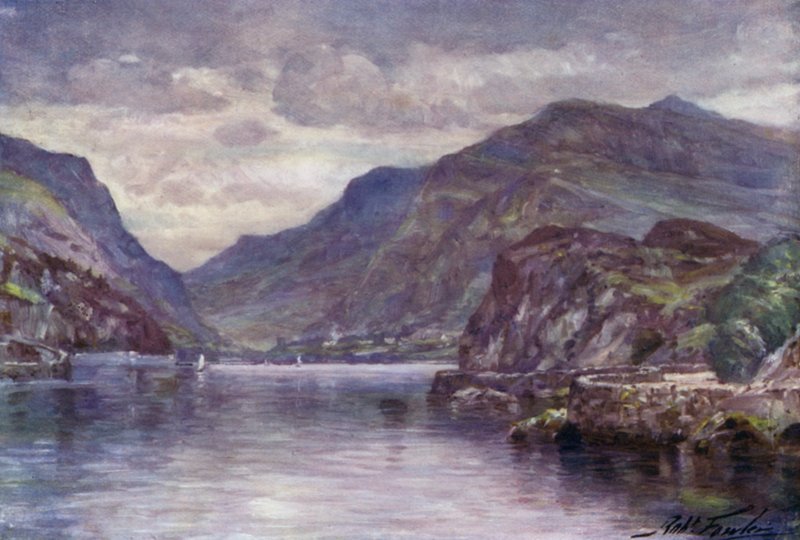 Snowdon fra Llanberis Lake (farge litho) av Robert (after) Fowler