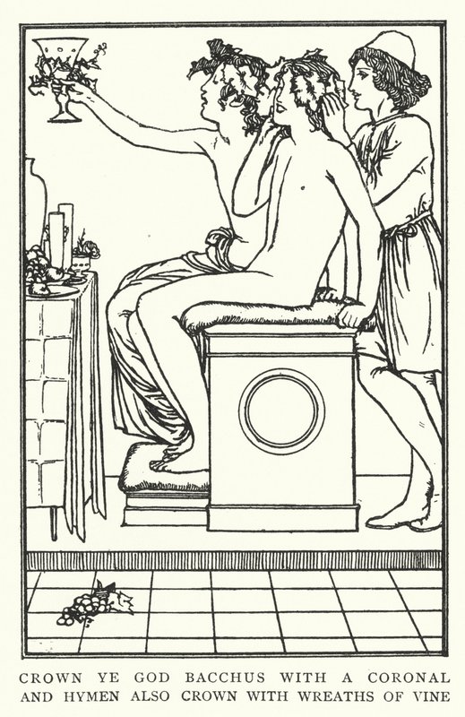 Kron dere Gud Bacchus med en koronal, og Hymen krone også med kranser av vinranker (litho) av Robert Anning Bell