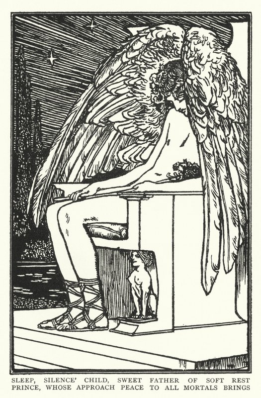 Sov, stills barn, søte far til myk hvile, prins, hvis tilnærming fred til alle dødelige bringer (litho) av Robert Anning Bell