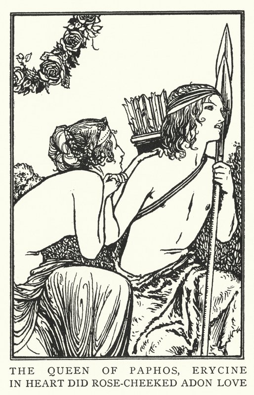 Dronningen av Pafos, Erycine, i hjertet elsket rosekinn Adon (litho) av Robert Anning Bell