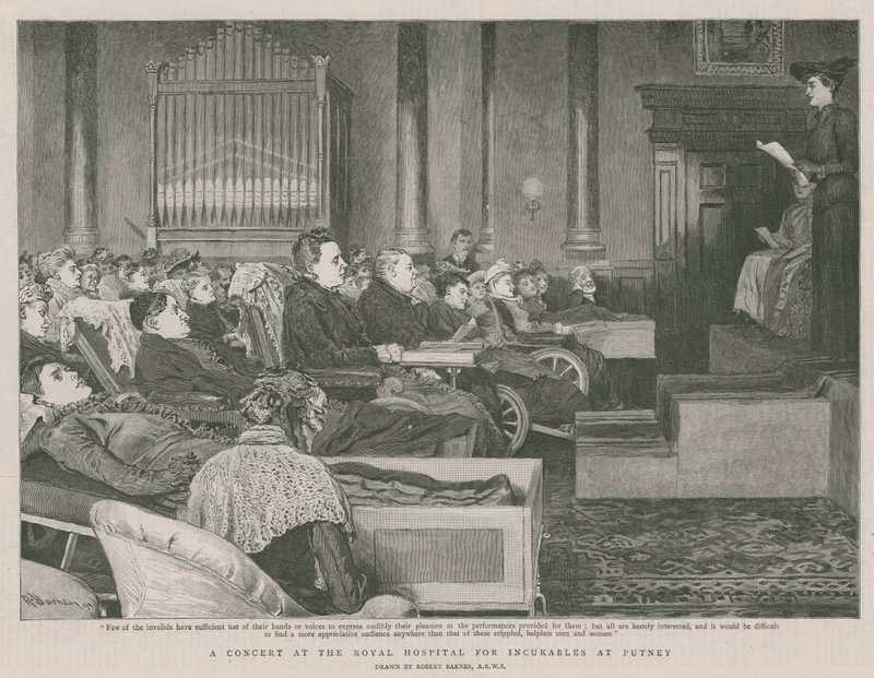 En konsert på Royal Hospital for Incurables at Putney (gravering) av Robert Barnes
