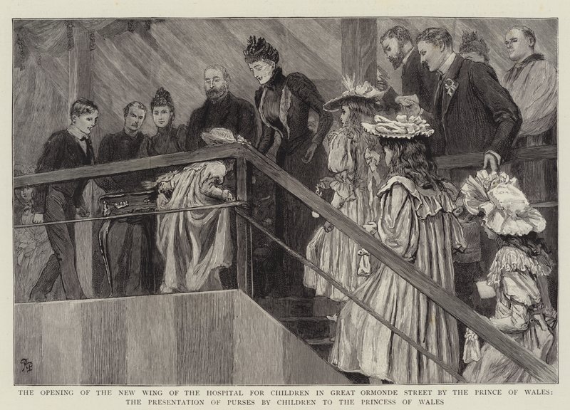 Åpningen av den nye fløyen til sykehuset for barn i Great Ormond Street av prinsen av Wales, presentasjonen av vesker av barn til prinsessen av Wales av Robert Barnes
