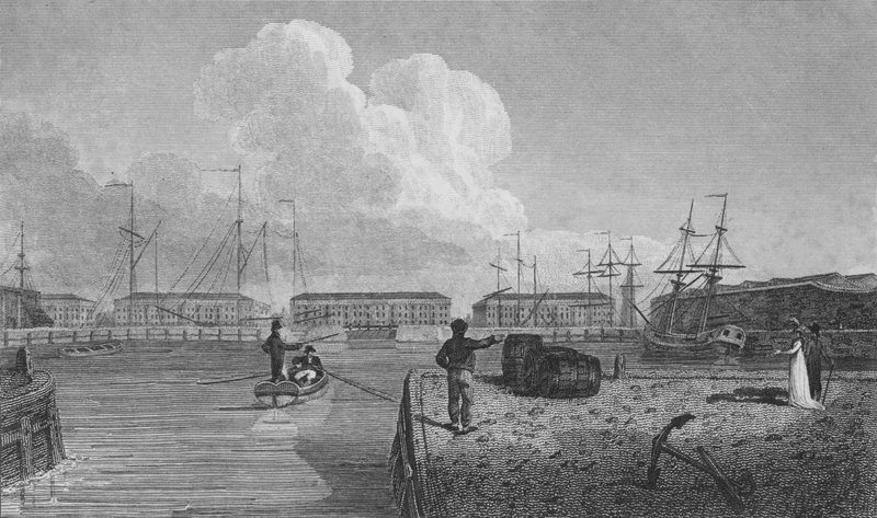 London Docks, Wapping (gravering) av Robert Blemell (after) Schnebbelie