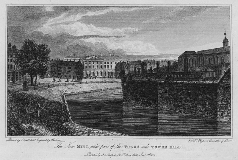 The New Mint, med en del av Tower, og Tower Hill (gravering) av Robert Blemell (after) Schnebbelie