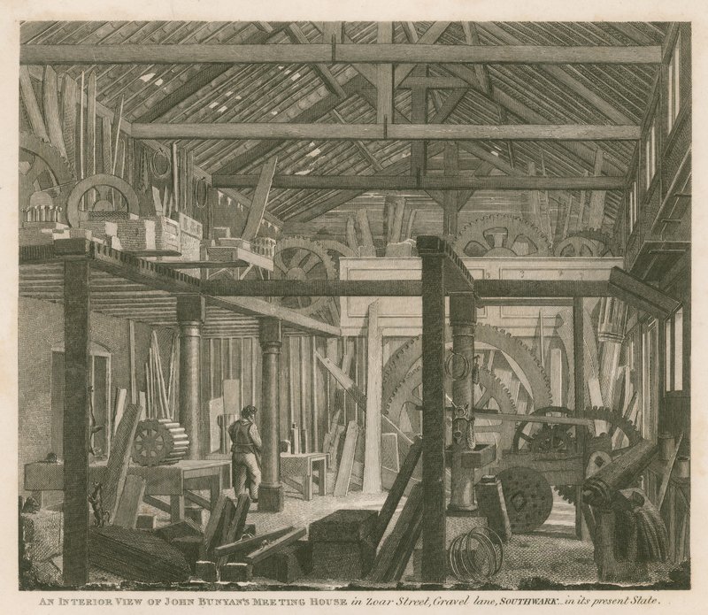 Et interiørbilde av John Bunyans møtehus i Zoar Street, Gravel Lane, Southwark, i sin nåværende tilstand av Robert Blemell Schnebbelie