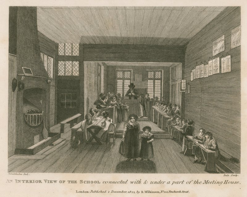 Et interiørbilde av skolen knyttet til og under en del av det som tidligere var John Bunyans møtehus av Robert Blemell Schnebbelie