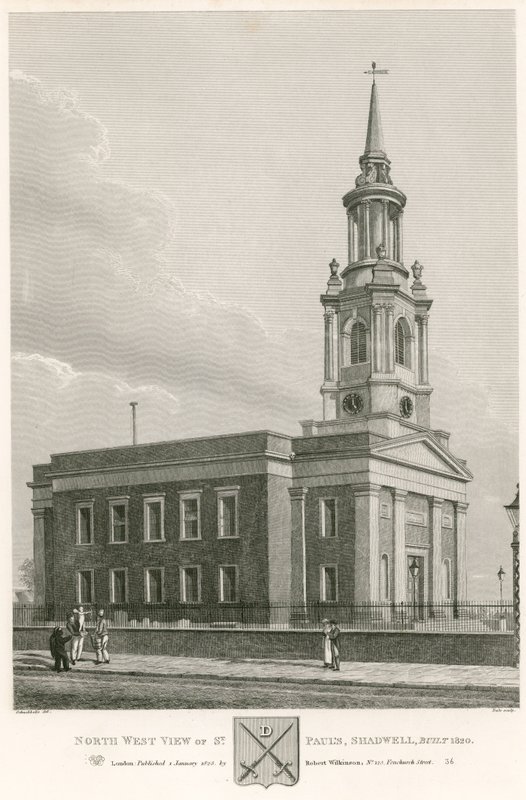 Nordvest-utsikt over St Paul's, Shadwell, London, bygget 1820 av Robert Blemell Schnebbelie