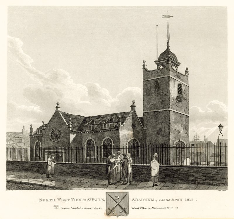 Nordvest-utsikt over St Paul's, Shadwell, London, tatt ned 1817 av Robert Blemell Schnebbelie