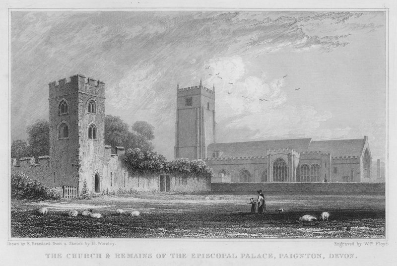 Kirken og restene av Episcopal Palace, Paignton, Devon (gravering) av Robert Brandard