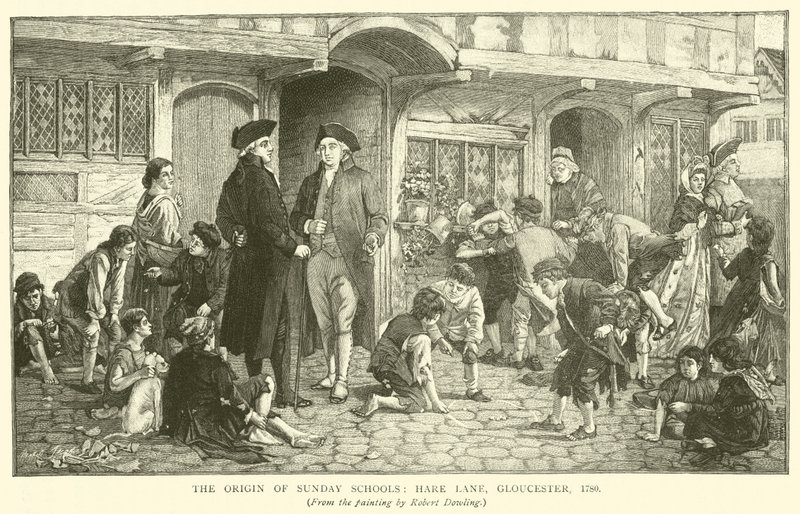 Opprinnelsen til søndagsskolene, Hare Lane, Gloucester, 1780 av Robert Dowling
