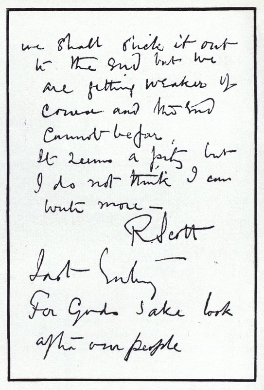 Siste side i dagboken til polfareren Robert Falcon Scott, leder av den skjebnesvangre britiske ekspedisjonen til Sydpolen, 29. mars 1912 (litho) av Robert Falcon Scott
