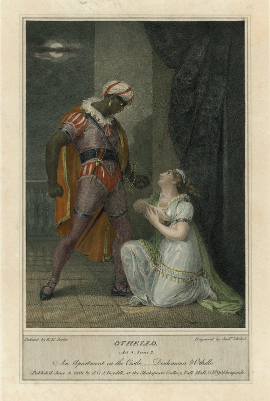 Illustrasjon for Shakespeares Othello, Act 4 Scene 2 (farget gravering) av Robert Kerr (after) Porter