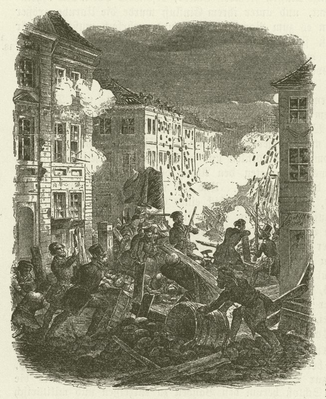 Slagsmål ved en barrikade utenfor Kolln rådhus i Berlin natten 18. til 19. mars 1848 av Robert Kretschmer