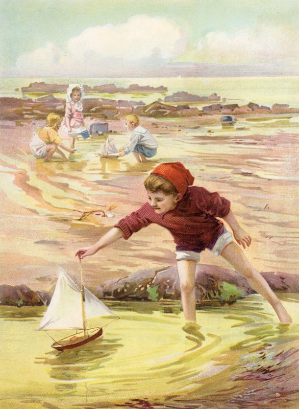 Hans nye båt - gutt leker med lekebåt på stranden (farge litho) av Robert Lillie