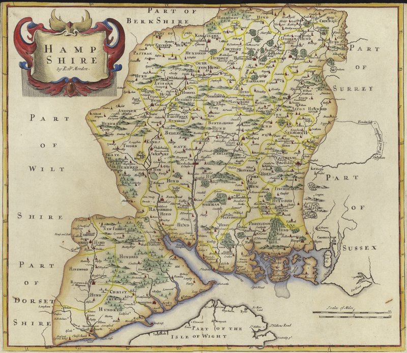 Kart over Hampshire (fargegravering) av Robert Morden
