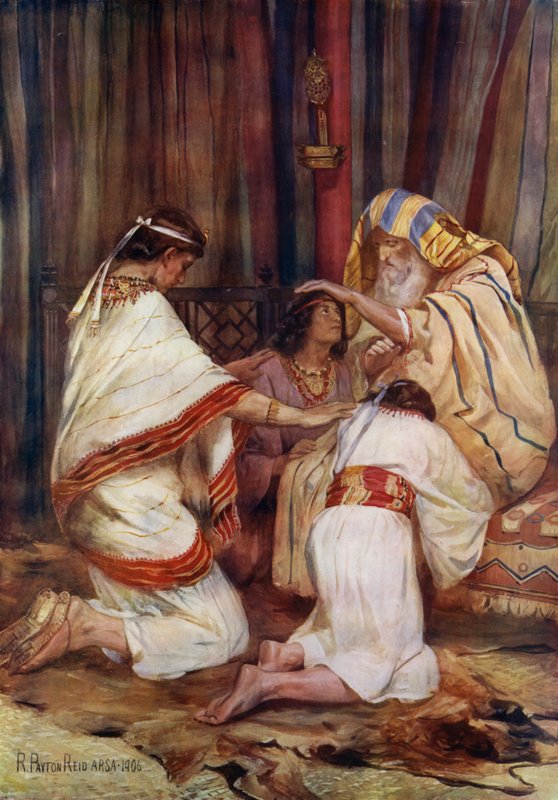 Jacob velsigner sine barnebarn (farge litho) av Robert Payton Reid