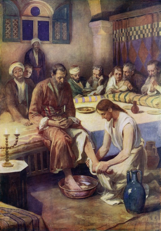 Jesus vasker disiplenes føtter (farge litho) av Robert Payton Reid