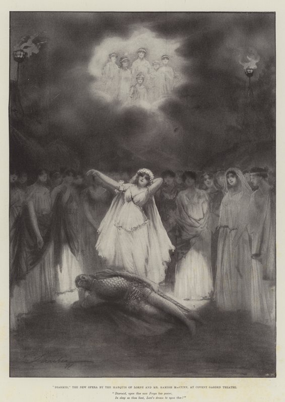 Diarmid, den nye operaen av Marquis of Lorne og Mr Hamish MacCunn, på Covent Garden Theatre av Robert Sauber