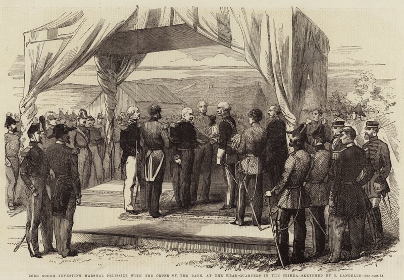 Lord Gough investerer Marshal Pelissier med Order of the Bath, ved hovedkvarteret på Krim av Robert Thomas Landells