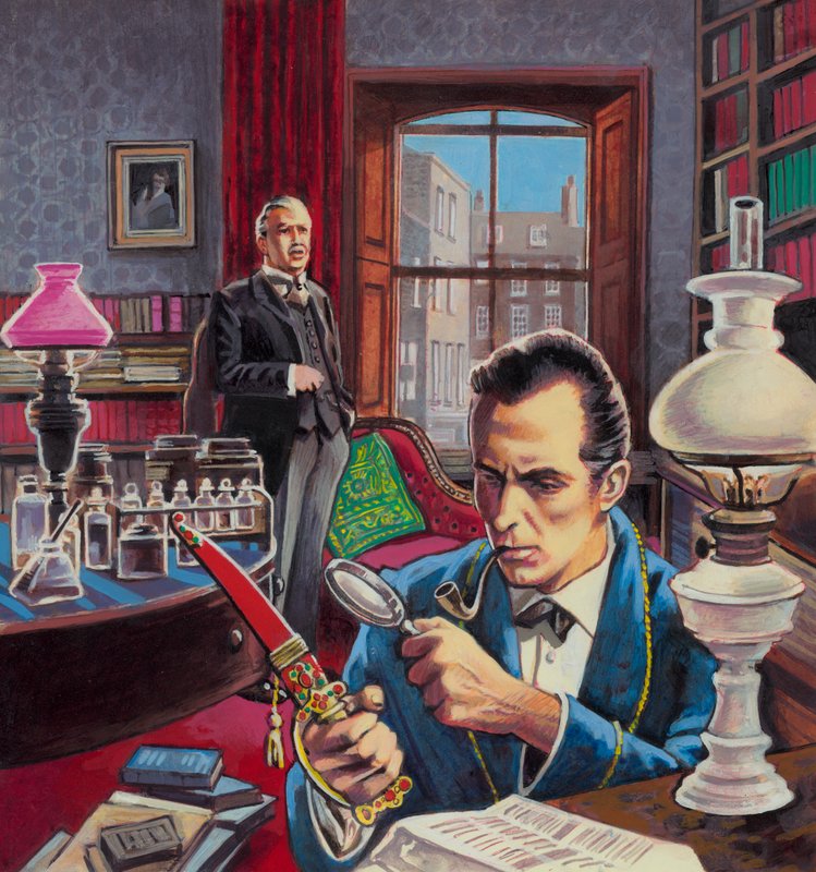 Sherlock Holmes på arbeidsrommet sitt (gouache på papir) av Roger (after) Payne