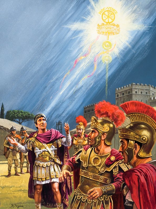 Konstantins visjon av det kristne korset før slaget ved Milvian-broen (gouache på papir) av Roger Payne