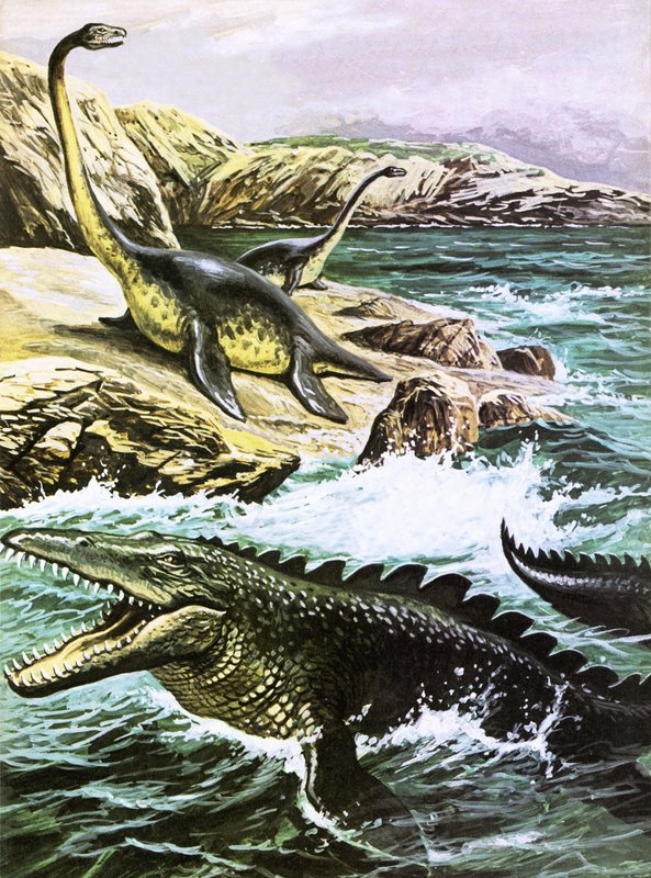 Plesiosaurus (øverst) og Tylosaurus (nederst) av Roger Payne