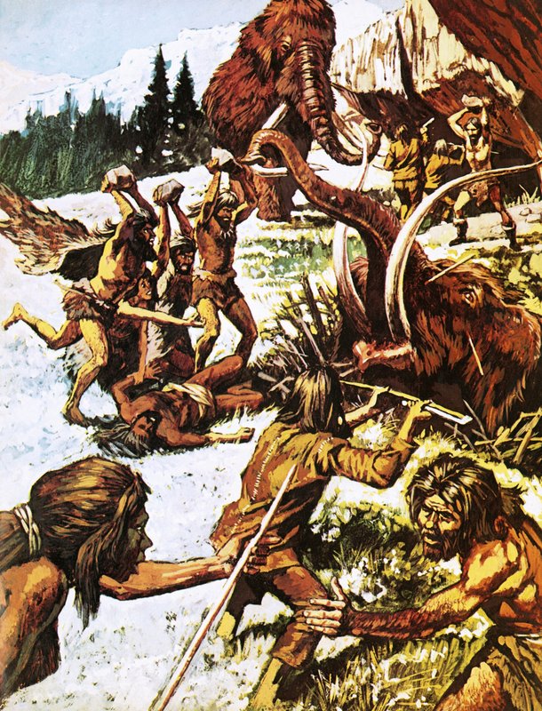 Forhistoriske menn angriper mammuter av Roger Payne