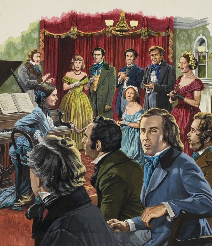 Robert Schumann (1810–1856) under en fremføring av verkene sine (gouache på papir) av Roger Payne