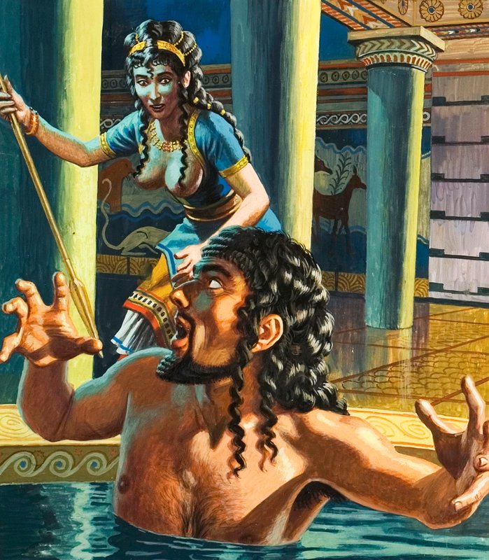 Mordet på kong Agamemnon av hans troløse kone, Klytaimnestra (gouache på papir) av Roger Payne