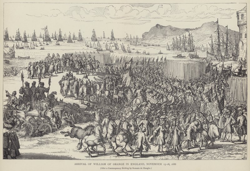 Ankomst av William av Orange i England, november 1688 (litho) av Romeyn de (after) Hooghe