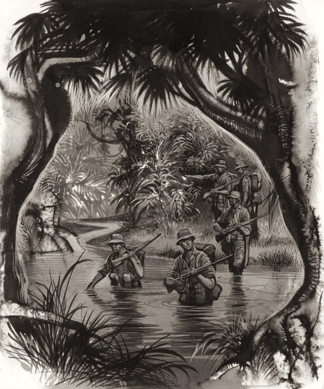 ANZAC-tropper krysser en jungelv under en patrulje fra andre verdenskrig (gouache på papir) av Ron Embleton