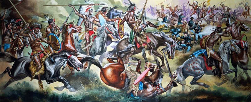 Kamp mellom amerikanske indianere og soldater (gouache på papir) av Ron Embleton