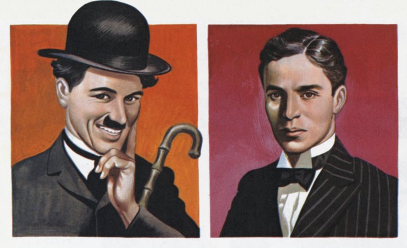 Charlie Chaplin, i kostyme, og slik han virkelig var (fargelitografi) av Ron Embleton