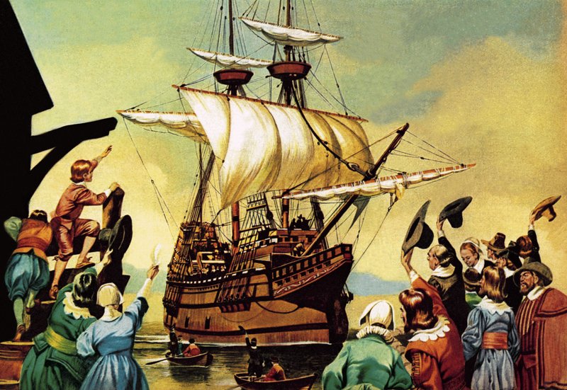 Pilegrimsfedrenes avreise til Amerika (gouache på papir) av Ron Embleton