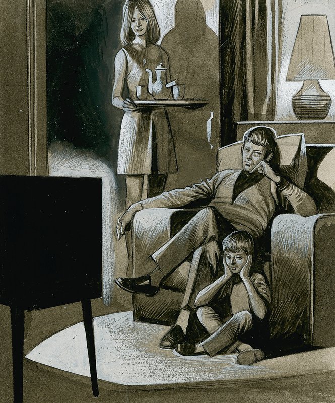 Familie som ser på svart-hvitt-TV på 1960-tallet av Ron Embleton