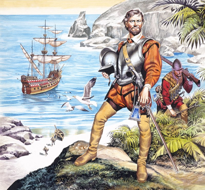 Francis Drake og den gylne hind (gouache på papir) av Ron Embleton