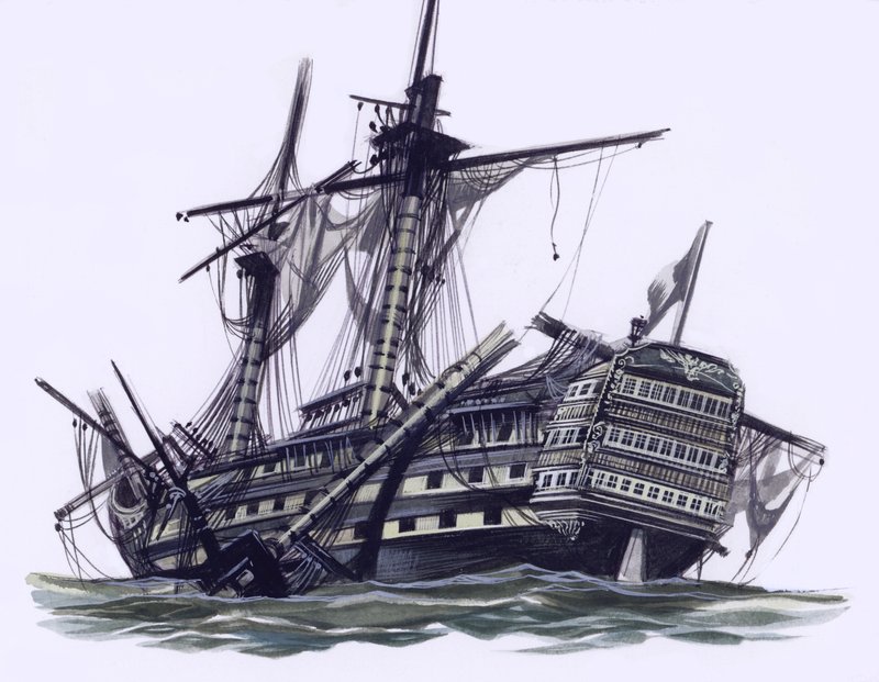 HMS Victory etter slaget ved Trafalgar, med mesan-toppmast skutt bort (gouache på papir) av Ron Embleton