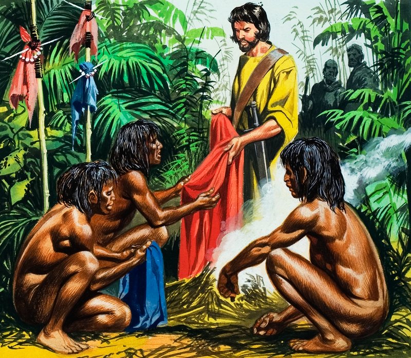 Marco Polo, trusselen fra kannibalene, 1900-tallet (gouache på papir) av Ron Embleton