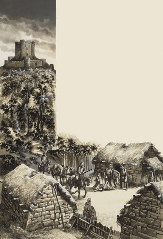 Middelalderlandsby (gouache på papir) av Ron Embleton