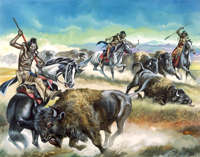 Indianere som dreper amerikansk bison (gouache på papir) av Ron Embleton